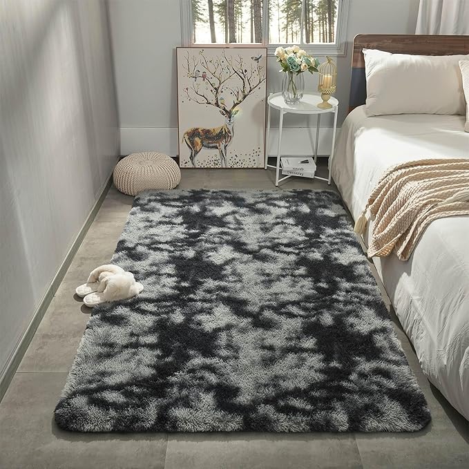 Merelax Soft Area Rugs for Livingroom Bedroom, Shaggy Plush Fuzzy Fluffy Carpet Furry Fur Rug, Modern Indoor Comfy Nursery Kids Dorm Home Decor Floor Mat, 3 x 5 ft, Tie-Dyed Black & Grey
