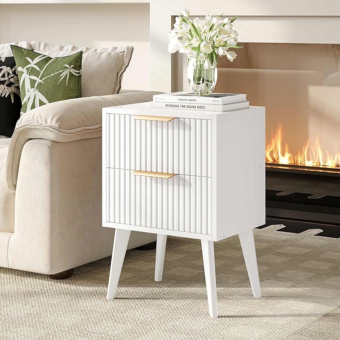 Fluted Nightstand with 2 Drawers,Modern Bedside Table with Metal Handles,White Side Table with Solid Wood Legs,Mid Century End Table for Living Room,Bedroom,White CTG55W
