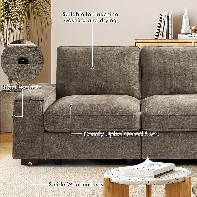 TEKAMON 128" Modular Sofa Couch with Seat Storage, Chenille Sofa，Modern Comfy 4-Seater Couch for Living Room, Office, Apart W/Deep Seat, Wide Armrest, USB, Pockets, Removable Covers (Brown)