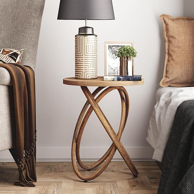 COZAYH Round End Table Farmhouse Wood Side Table Rustic Plant Stand with Intertwined Line Design for Living Room, Office, Walnut