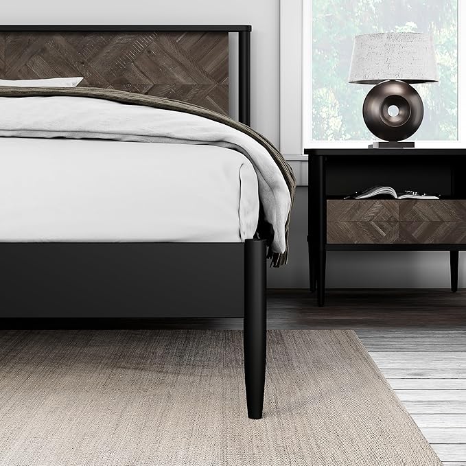 Lenia Queen Bed Frame with 2 Matching Nightstands – Modern Wood Platform Bed Set, Chevron Diamond Design, No Box Spring Needed, Slatted Support (Mocha Black, Queen)