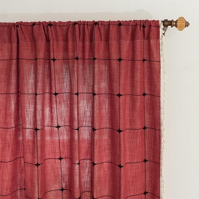 Deeprove Red Boho Curtains for Bedroom 63 Inches Long, Burgundy Checkered Bohemian Chic Textured Embroidery Plaids, Vintage Handmade Tassels Country Xmas Christmas Decor Drapery, 1 Panel W52 x L63