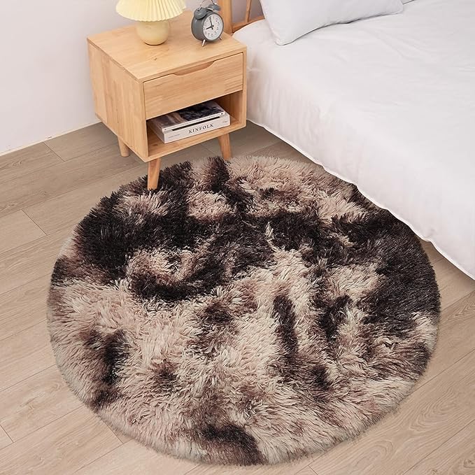 3 ft Small Brown Round Rug for Bedroom,Tie Dyed Soft Shaggy Circle Rug Fluffy Plush Round Carpet for Kids Girls Boys Room Baby Nursery Living Room Playroom Home Décor