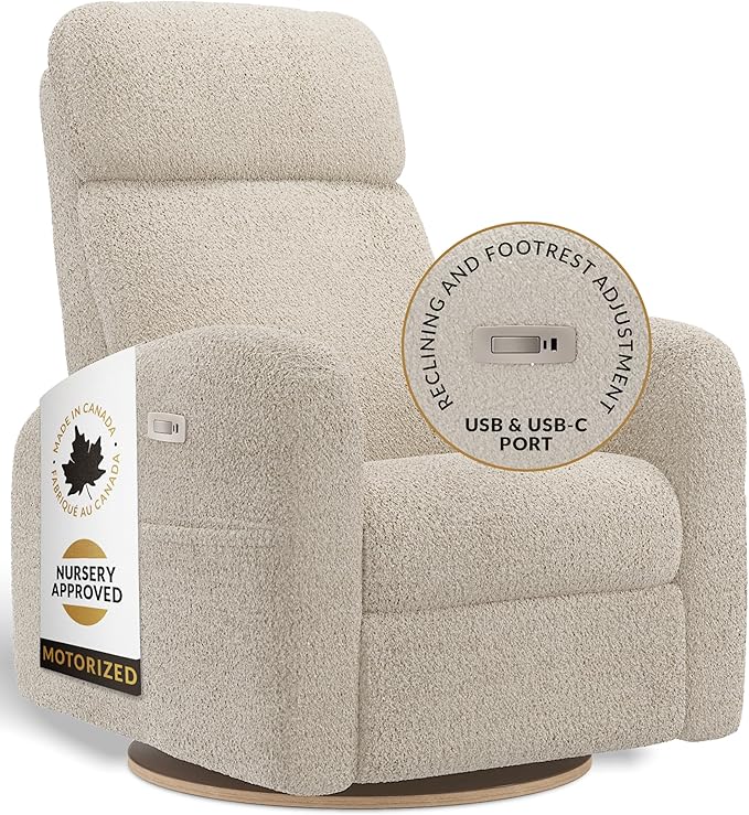Hailey Modern Nursery Glider Recliner Chair (Motorized) – Cozy Nursing Chair with 180° Swivel for New Parents, Gentle Motion, High Back & Low Armrests, Adjustable headrest, Canadian Made (Puppy Sand)