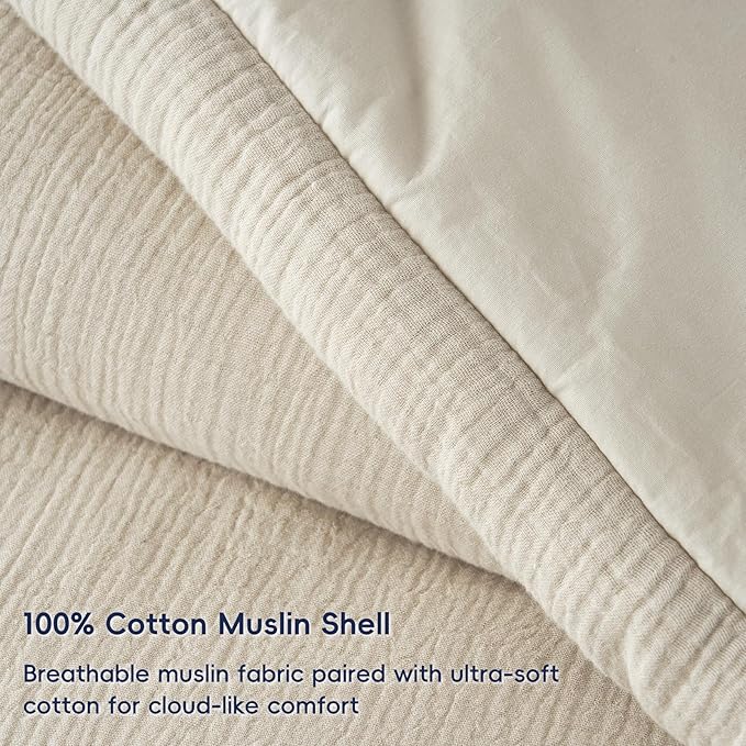 PHF Cotton Muslin Comforter Set Queen Size, Ultra Soft, Breathable & Lightweight All-Season Bedding, Filling: 100% Polyester, 3 Pieces with 1 Comforter 90"x90" and 2 Pillow Shams 20"x26", Natural