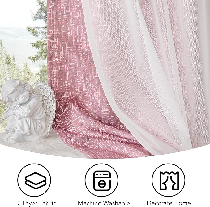 100% Blackout Curtains with Sheer Overlay Mix and Match Double Layer Drapes 63 Inch Length 2 Panels for Bedroom Living Room Pink White Ombre Grommet Window Treatment with Tiebacks