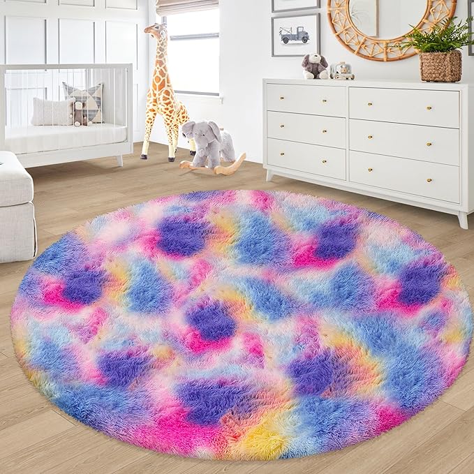 7 ft Large Fluffy Round Pink Rainbow Area Rugs for Girls Bedroom, Colorful Soft Shaggy Circular big Rug Plush Fluffy Circle Carpet Fuzzy for Nursery Baby Room Playroom Dorm LivingRoom Home Decor