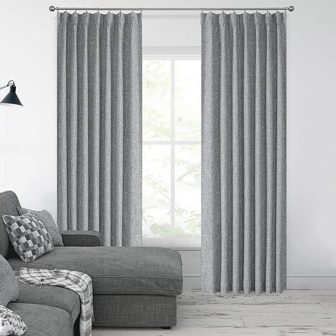 Central Park Pinch Pleated Full Blackout Curtain Panels Linen Texture Thermal Insulated Window Treatment Sets with Back Tab for Farmhouse Living Room Bedroom Drape with Hooks, 40"x90"x2, Dark Grey