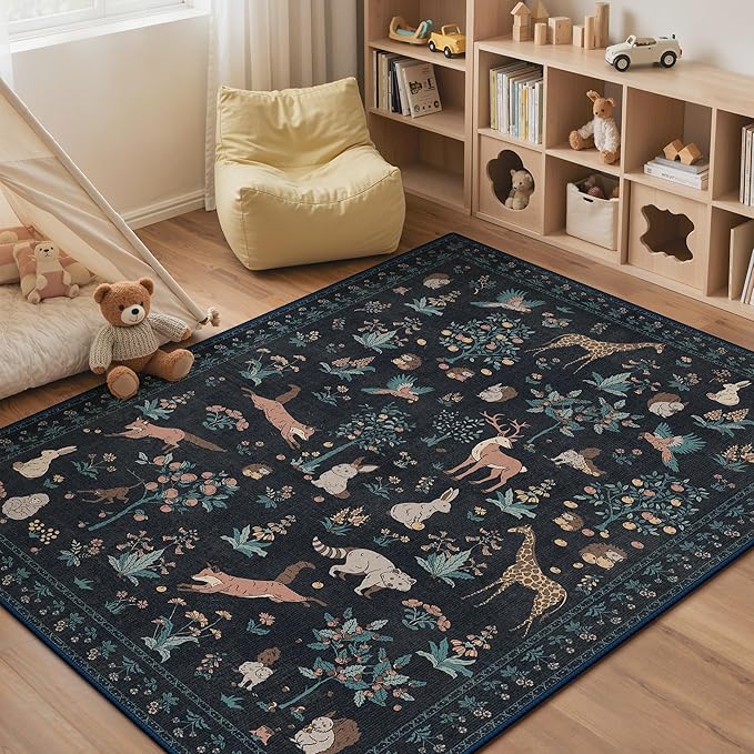 Rugs for Living Room 5x7 Floral Animal Print Area Rug Machine Washable Rug, Non Slip Low Pile Black Carpet for Bedroom, Entryway, Black