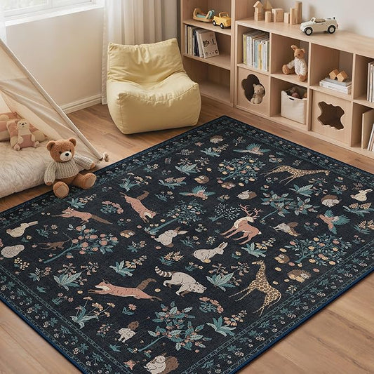 Rugs for Living Room 5x7 Floral Animal Print Area Rug Machine Washable Rug, Non Slip Low Pile Black Carpet for Bedroom, Entryway, Black