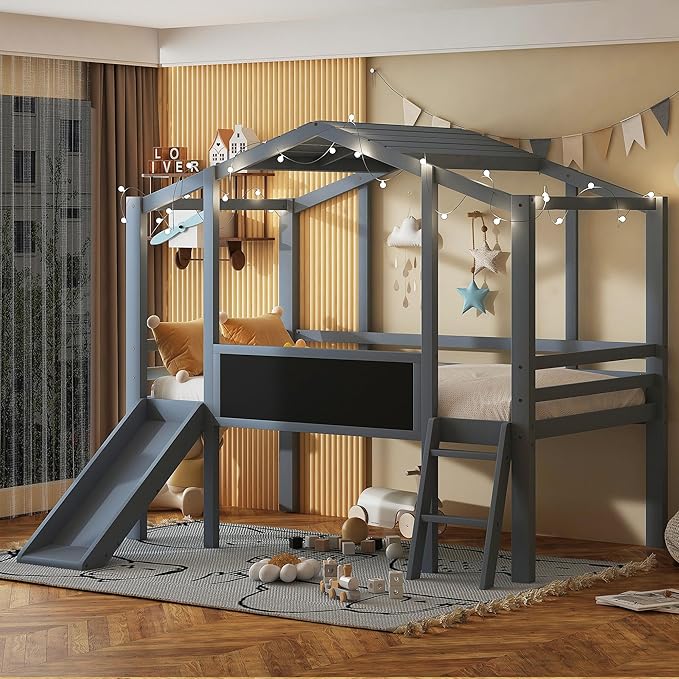 Play Fun Design Twin Size Loft Bed with Ladder and Slide for Kids Boys Girls, Solid Wood House Loft Bed Frame with Blackboard and Light Strip on The Roof, Sturdy Slat Support (Gray-6)
