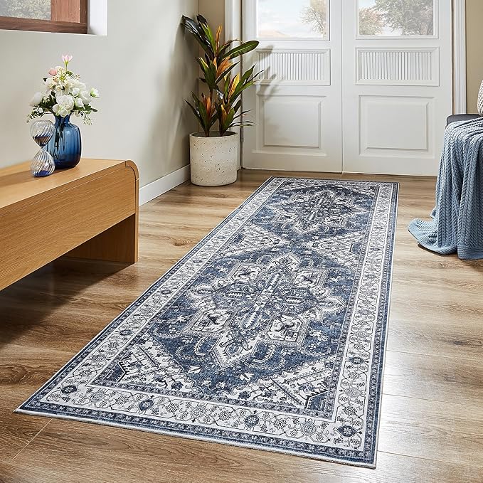 WITSHOCK Living Room Area Rugs 3x8: Washable Rug Boho Soft Non-Slip Low Pile Stain Resistant Foldable Carpet for Bedroom Playroom Dining Room Office Kitchen Farmhouse Home Decor Rug-Blue