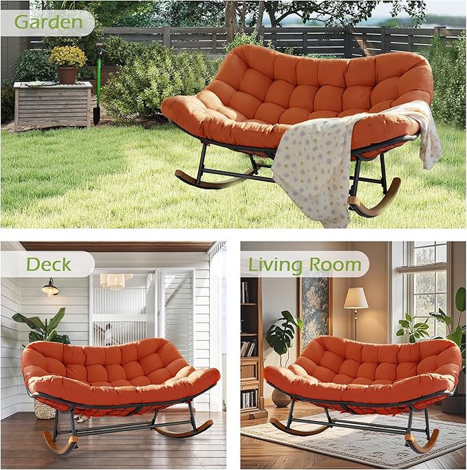 Double Papasan Rocking Chair Outdoor & Indoor, 660LBS Capacity Oversized Patio Rocking Chair for 2-Person with Thick Cushion and Frame, Egg Rocking Chair for Garden, Deck, Living Room, Red