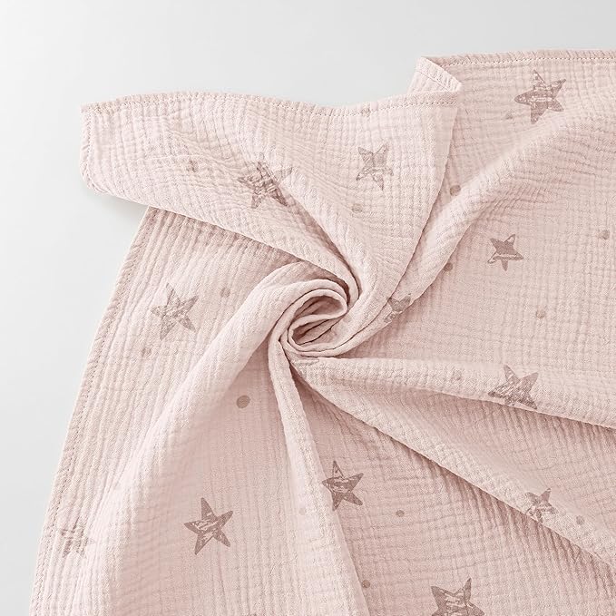 Bearmoss Muslin Swaddle Blankets, 40 x 38 inches Baby Swaddle for Boys and Girls, Soft Baby Blanket, 3 Pack Breathable Nursery Receiving Blankets (Pink Star)