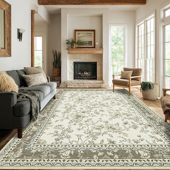 Large Neutral Beige Area Rug 9x12 for Living Room Earth Tone Cream Taupe Tan Pattern Modern Boho for Bedroom Soft Vintage Area Rug Farmhouse Floral Carpet for Dining Room Guest Bedroom Home Decor