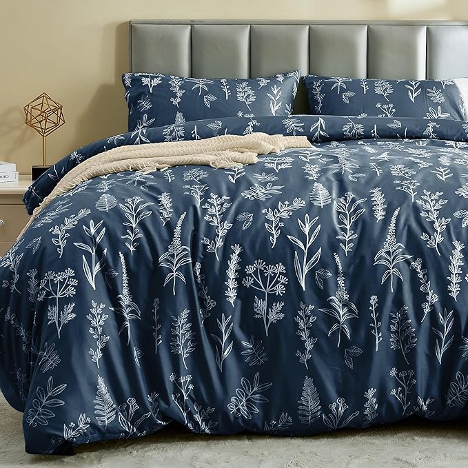 MUXHOMO Duvet Cover King Size, Reversible Floral Navy Duvet Cover Set with Zipper Closure, 3 Pieces Botanical Patterns Soft Microfiber Bedding Set (90"x104", 2 Pillow Cases 20"×36")