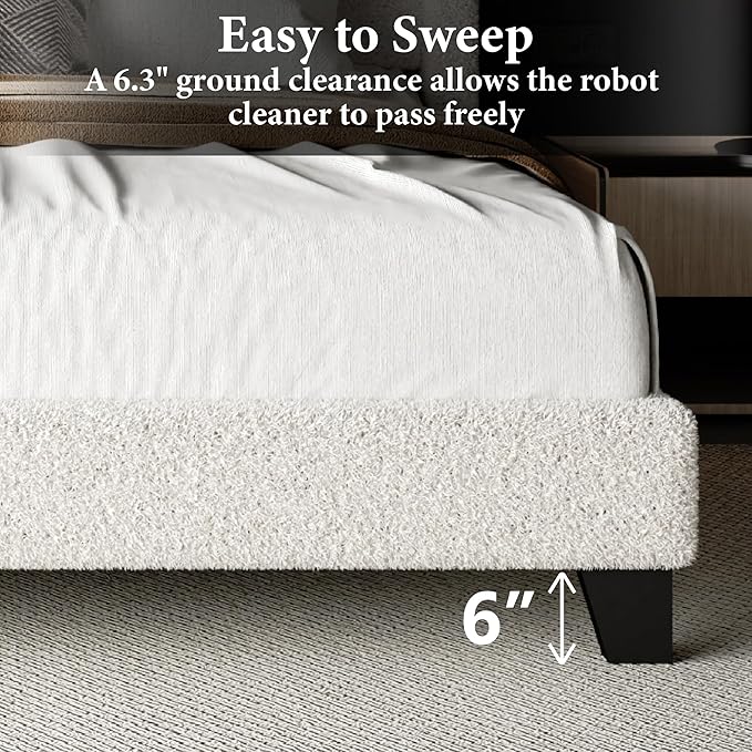 Full Bed Frame with Headboard Upholstered Platform Bed Frame with Teddy Velvet Headboard, Wooden Slats Support/Wing Edge Design/No Box Spring Needed/Easy Assembly, Beige Full