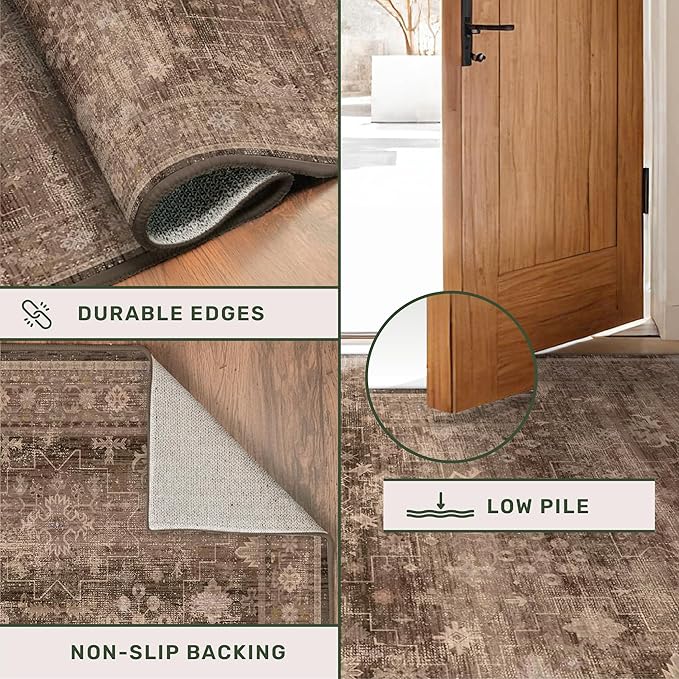 Brown 9x12 Living Room Rug - Vintage Western Eclectic Unique Neutral Taupe, Washable Low Pile Non-Slip Large Area Rugs for Dining Under Table Bedroom Under Bed