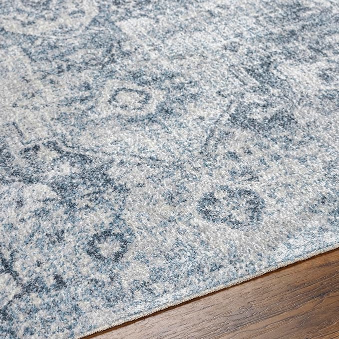Mark&Day Washable Rugs, 7ft Round Moya Traditional Navy Blue Area Rug, Blue Beige Grey Carpet for Living Room, Bedroom or Kitchen (6'7" Round, Machine Washable)