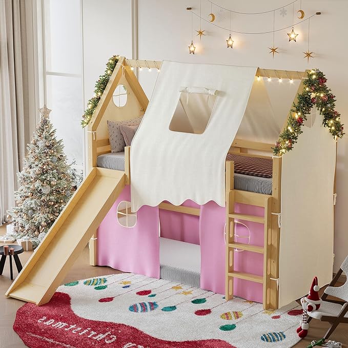 Playhouse Design Twin Size Loft Bed with Slide & Tent, Solid Wood Tent Bed Frame for Kids Boys Girls, Versatile Spacious Under Bed Space, Chic Design with Lights (Natural+Pink-Twin)