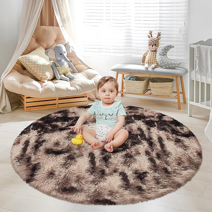 5 ft Round Fluffy Brown Rug for Bedroom,Tie Dyed Furry Round Carpet Non Slip Fuzzy Shaggy Plush Circle Area Rug Rug for Living Room Teen Room Nursery Room Playroom Kids Room Home Decor Washable