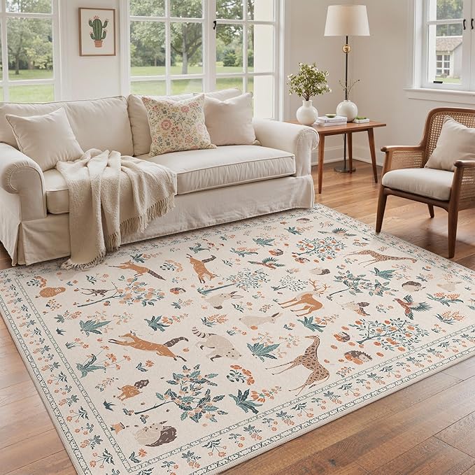 Rugs for Living Room 5x7 Floral Animal Print Area Rug Machine Washable Rug, Non Slip Low Pile Carpet for Bedroom, Entryway, Nursery, Playroom, Beige
