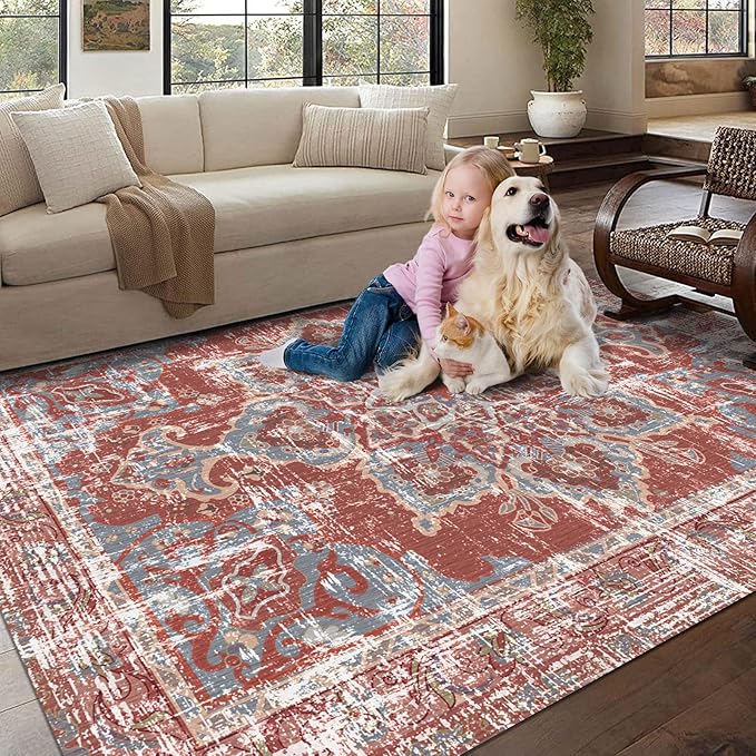 Vhong Vintage Area Rugs Boho Washable Neutral Modern Brick Red Burgundy 5x7 Non Slip Carpet for Living Room Dining Room Bedroom