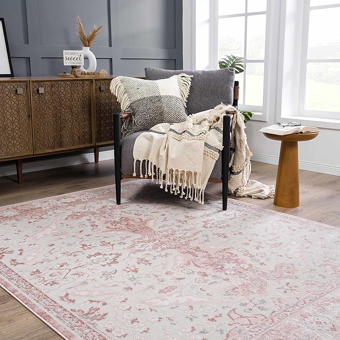 BoutiqueRugs Blush & Light Pink Collection Zora Bohemian Oriental Medallion Area Rug - Traditional Floral Carpet for Living Room, Bedroom - Blush, Pale Pink, Cream - 7'9" x 9'6"