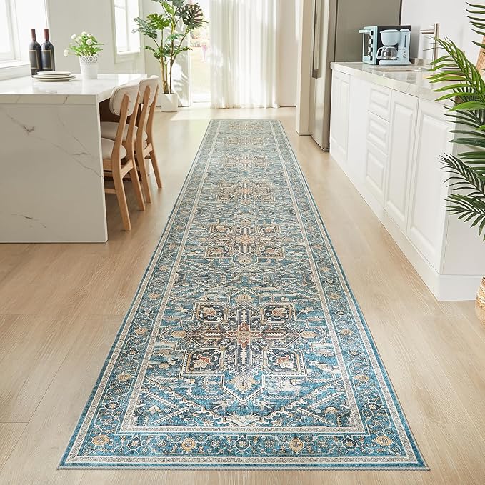 WITSHOCK 3x20 Extra Long Runner Rug for Hallway: Washable Boho Low Pile Stain Resistant Foldable Floor Carpet for Bedroom Entryway Bathroom Kitchen, Neutral Distressed Farmhouse Rug, Grey, 36″x240″