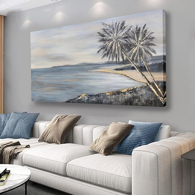 Yuaxker Ocean Wall Art Black and Gold Blue Art Canvas Painting Modern Ocean and Coconut Tree Wall Decor Artwork for Living Room Bedroom Dining Room Office Home Decor 30x60 inch