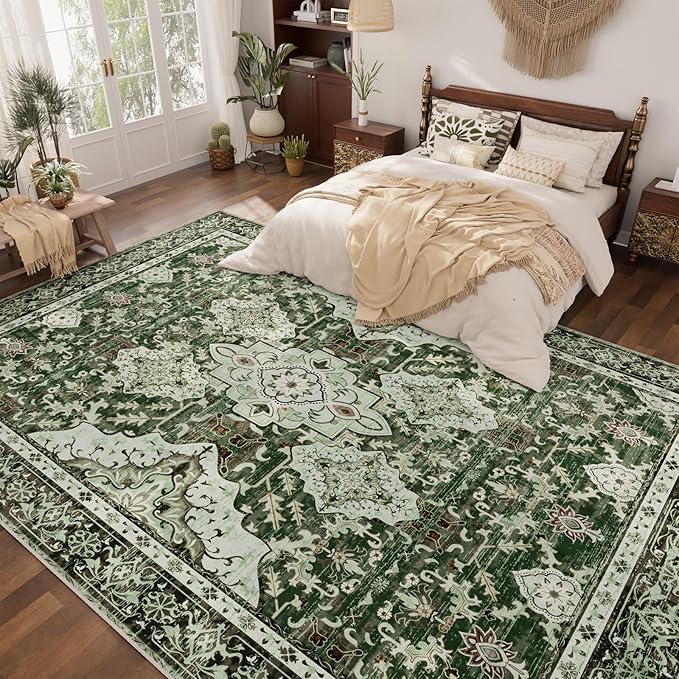 AMTOVO 6x9 Washable Area Rugs for Living Room, Non-Slip Boho Vintage Accent Medallion Print Pattern Carpet for Bedroom Dining Room Home Office Nursery Dorm Farmhouse, Dark Green