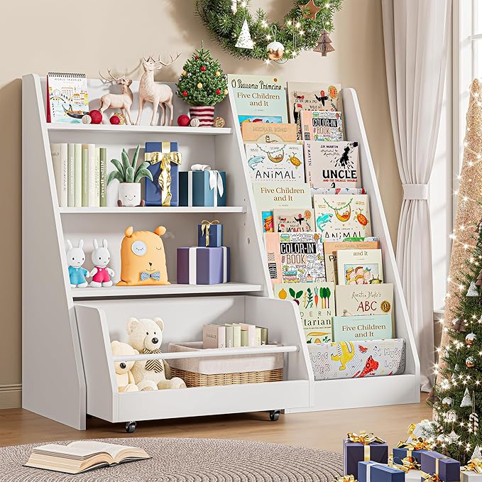 IRONCK Kids Bookshelf and Toy Storage, 42" Wide Large Toddler Bookshelf with Movable Drawer and 5 Sling Pockets, Montessori Book Shelf for Kids Rooms, 2 Pack