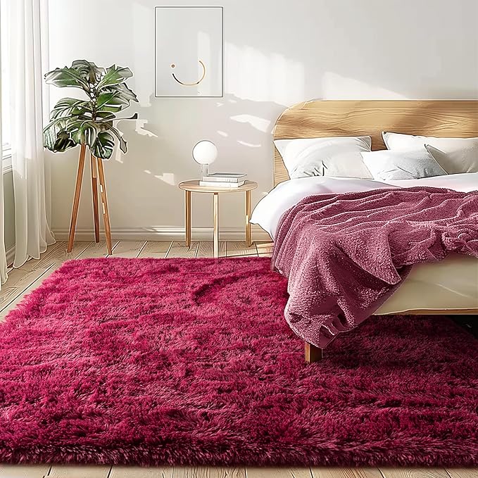 2x3 Rug - Non-Slip for Living Room - Height Pile 1.4" Plush Rug - Fluffy Throw Rugs Carpet for Bedroom - Burgundy