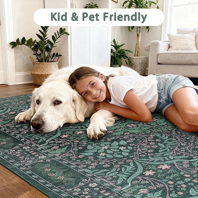 2x3 Washable Entry Rug,Dark Green Front Door Rugs，Non-Slip Vintage Throw Small Carpet for Bedroom Kitchen Classroom Rug Bathroom Children's Room Entrance