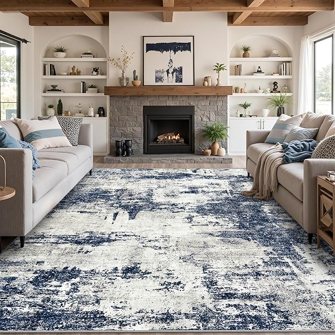 8x10 Area Rug for Living Room Bedroom: Abstract Washable Rug with Anti-Slip Backing Non-Shedding Stain-Resistant Soft Large Carpet for Dining Room Nursery Home Office - Gray/Blue