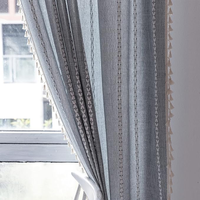 Deeprove Boho Curtains 84 Inches Long for Bedroom Living Room Kitchen, Cotton Linen Striped Embroidery Semi Blackout Bohemian Window Treatment Drape Handmade Tassels 1 Panel W52 x L84 Greyish -Blue