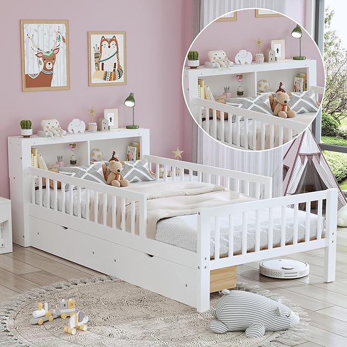 Wood Twin Size Platform Bed with Safety Fence for Kids Boys Girls, Platform Bed Frame with Practical Headboard and 2 Under-Bed Drawers, Sturdy Slats Support (White-3.15)