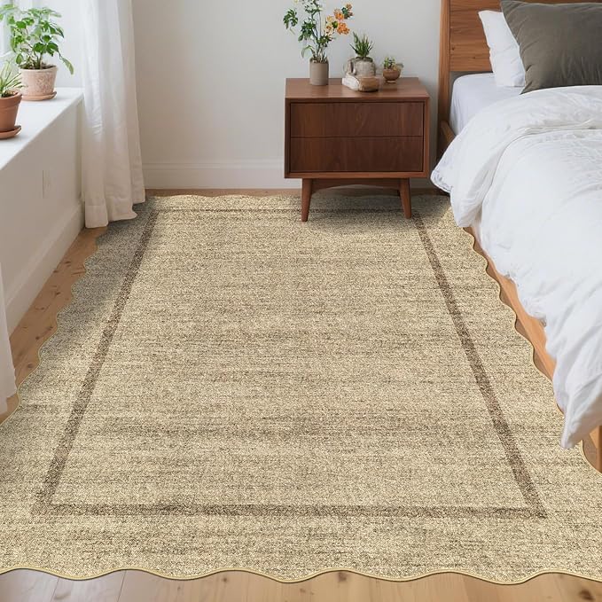 GarveeHome Scalloped Washable Rug 5x7 Area Rugs for Living Room Modern Non Slip Throw Rugs Bedroom Rugs Low Pile Soft Non Shedding Stain Resistant Carpet for Dining Room Nursery 5 ft x7 ft Jute