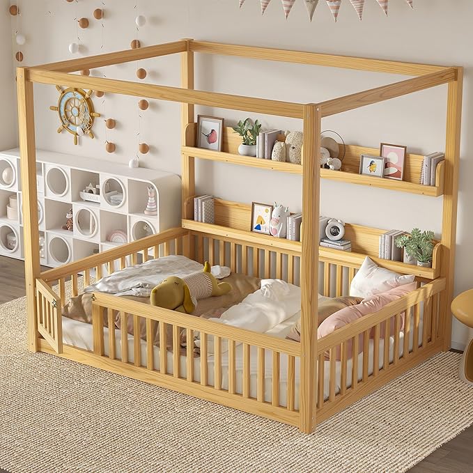 Polibi Full Size Montessori Floor Bed with Guardrails, Low Profile Solid Wood Canopy Frame with Built-in Shelves, No Box Spring Needed, for Kids & Teens, Natural
