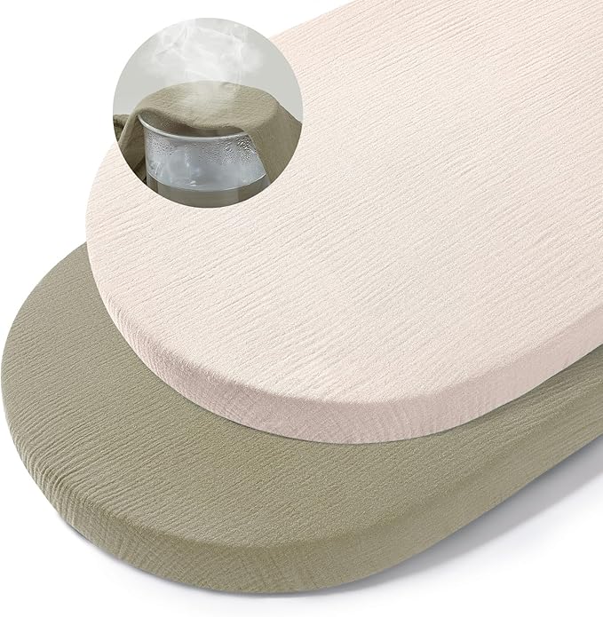 Basumee Muslin Bassinet Sheets for Baby Girl Boy 2 Pack Soft Breathable Baby Bedside Bassinet Fitted Sheets with Bottom Elastic Band 33''x17''x4'' Mattress Cover for Rectangle Oval Hourglass Bassinets