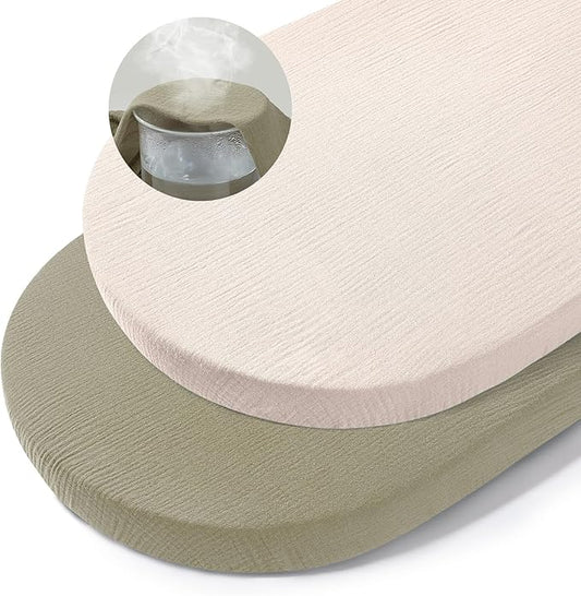 Basumee Muslin Bassinet Sheets for Baby Girl Boy 2 Pack Soft Breathable Baby Bedside Bassinet Fitted Sheets with Bottom Elastic Band 33''x17''x4'' Mattress Cover for Rectangle Oval Hourglass Bassinets