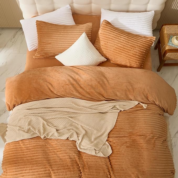 JELLYMONI Plush Duvet Cover Set - Queen Size Orange Striped Fluffy Comforter Cover 3pcs Bedding Set Luxury Ultra Soft Faux Fur Duvet Cover with Zipper and 2 Pillowcases (NO Comforter)