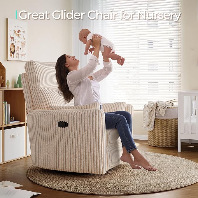 LINSY HOME 360 Swivel Nursery Rocking Chair with 2 Pillows, Corduroy High Back Adult Recliner for Small Spaces, Nursery Glider Rocker Chair, Bedroom Living Room Reclining Chairs (Beige)