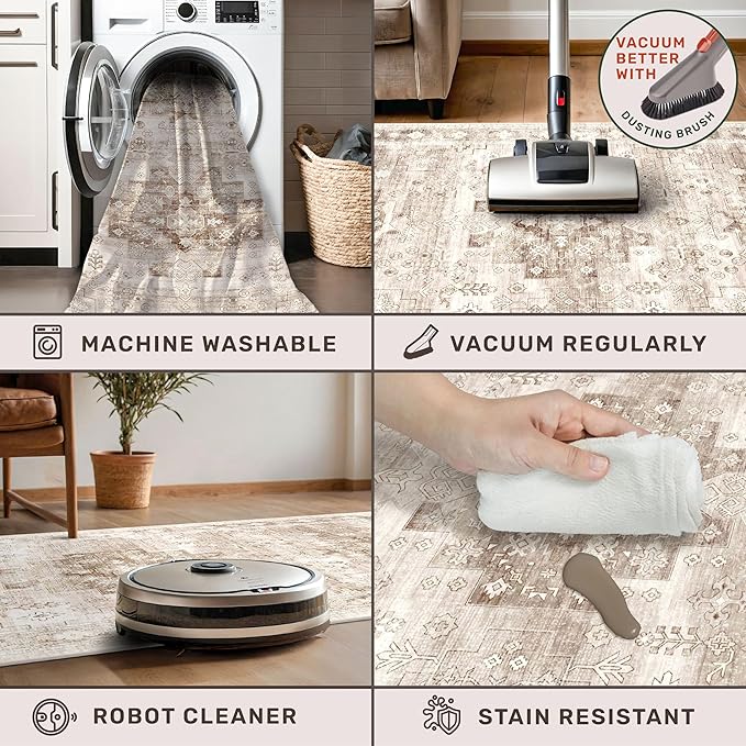 Washable Neutral Farmhouse Living Room Rug, 5x8 Area Rugs for Bedroom Under Bed, Nursery Room, Boho Vintage Floral Non-Slip Rug Low Pile Stain Resistant (5x8 Beige/Latte)