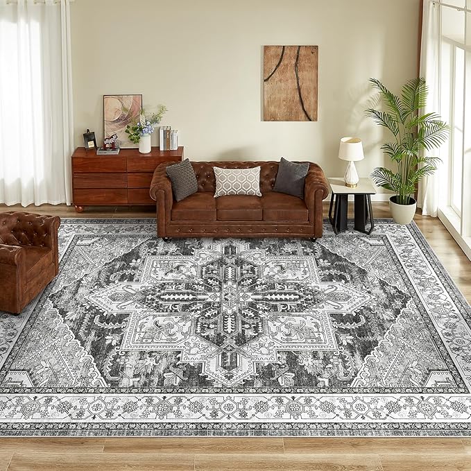 WITSHOCK Gray Living Room Rugs 12x15: Washable Vintage Boho Distressed Soft Non-Slip Low Pile Stain Resistant Foldable Carpet for Bedroom Playroom Dining Room Office, Thin Accent Farmhouse Home Decor