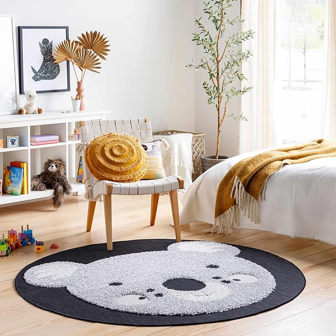 Hauteloom Kids Room, Nursery Round Area Rug - Outdoor Patio Safe - Animal Koala Playroom Carpet - Gray, Black, Cream - 7'10"