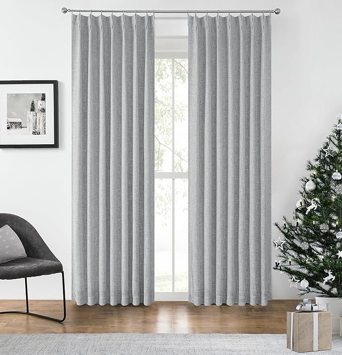 Grey Pinch Pleated Blackout Curtain Panel with Full Blackout Liner Linen Texture Thermal Insulated Window Treatment Set with Back Tab for Farmhouse Bedroom Energy Efficient Drape with Hooks, 40"x90"x2