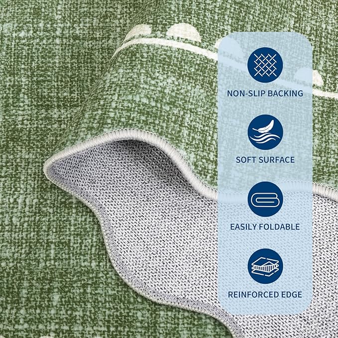 GarveeHome Scalloped Bow Rug for Kitchen Floor, Solid Green Rug for Dorm, Washable Entryway Rugs 2x3 Soft Low Pile Non Slip Scalloped Rugs for Nursery Bedroom Decor Hallway