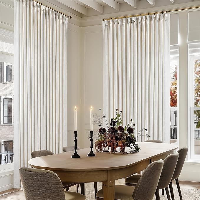 Extra Wide Pinch Pleat 100 x 102 Inch Linen Curtains for Living Room Cream Ivory Light Filtering Semi Sheer Pleated Curtains for Patio Glass Sliding Door Dining Bedroom Large Window 100x102 1 Panel