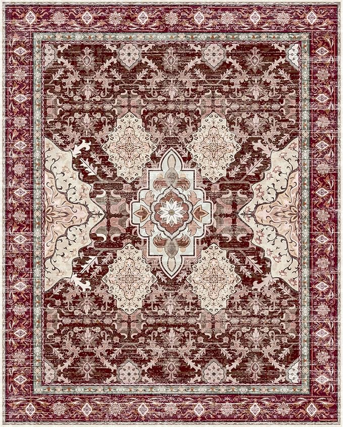 AMTOVO 8x10 Area Rugs for Living Room, Large Non-Slip Washable Rug, Boho Vintage Retro Medallion Print Pattern Carpet for Bedroom Dining Room Home Office Nursery Dorm Farmhouse, Vintage Red